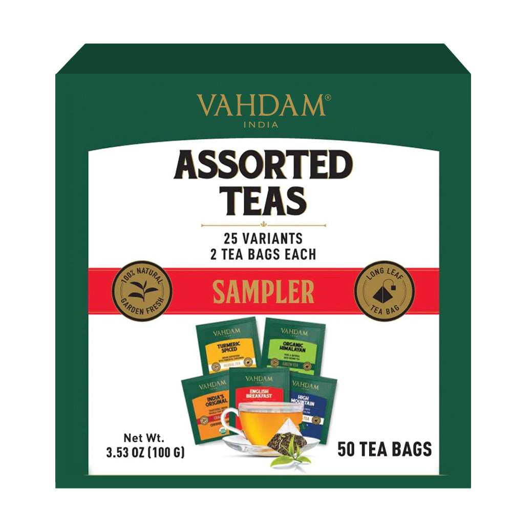 Assorted Tea Bags Sampler, (50 Pyramid Tea Bags) 25 Flavors
