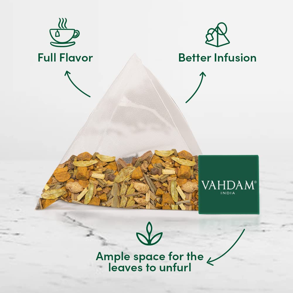 Turmeric Spiced Herbal Tea Bags  100 Long Leaf Pyramid Tea Bags - VAHDAM®  USA