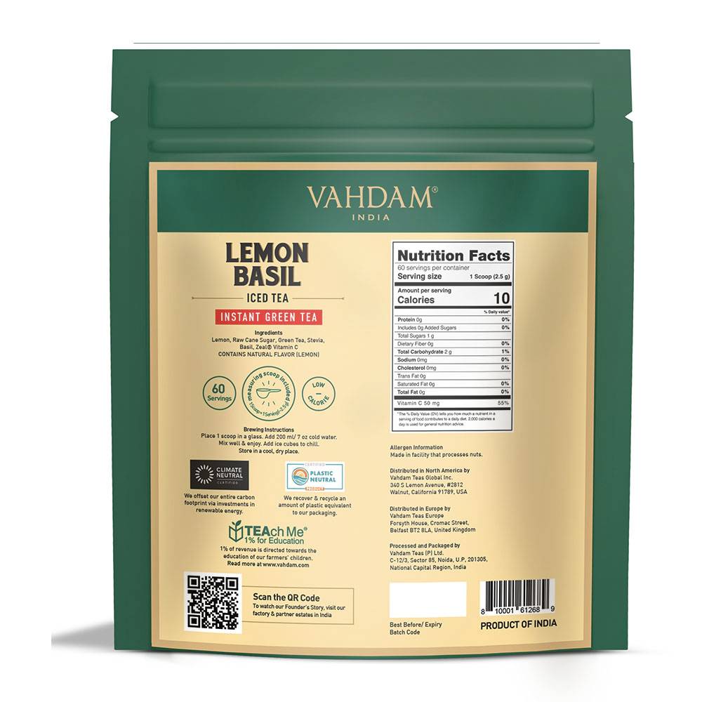 Lemon Basil Instant Iced Tea 5.29 oz VAHDAM USA